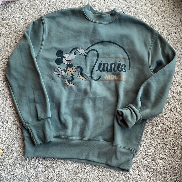DISNEY MINNIE MOUSE Khaki Green Vintage Mock Neck Sweatshirt Size Small - Picture 1 of 4